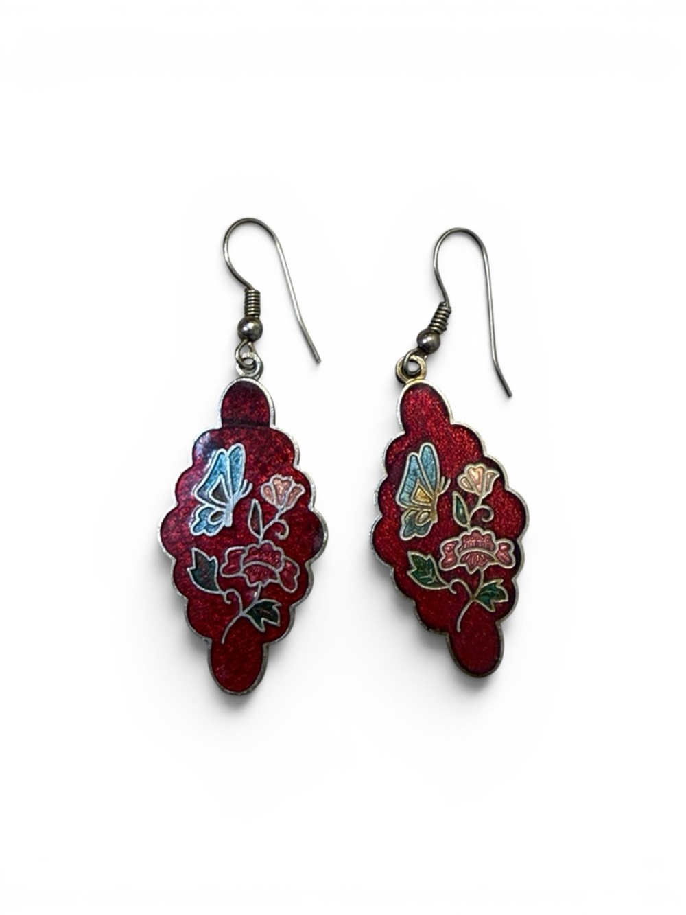 Red Enamel Butterfly & Flower Drop Earrings - Women Jewelry